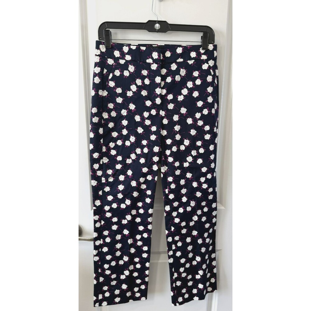 J Crew Womens Cotton Floral Hayden High-Rise Straight Pants Navy Blue, 2 NWOT
